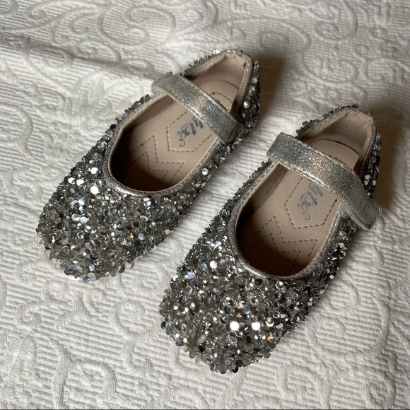 HSHTX sequin princess leather silver ballet flats with hook and loop ankle strap - Picture 4 of 10